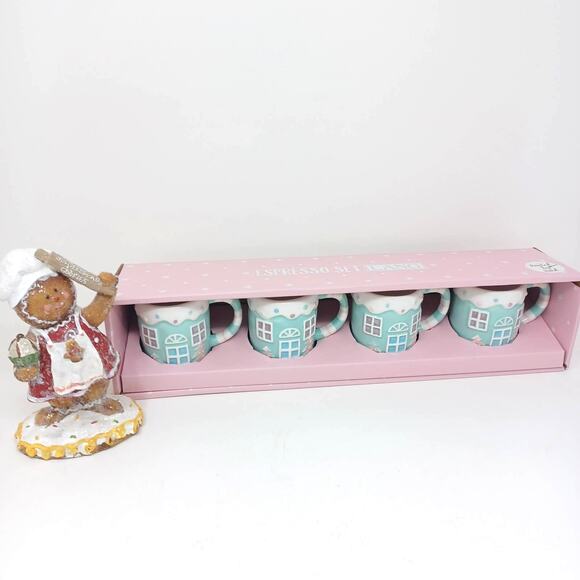 New Lang Christmas Gingerbread House Pastel Espresso Set Of 4 Ceramic Mini Mugs - Picture 1 of 7